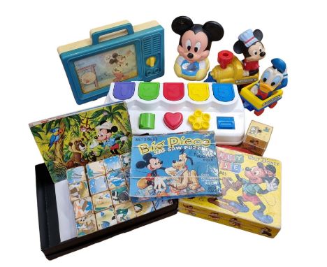 Disney: Collection of Vintage Disney Baby & Toddler Toys to Include "MyKids" Musical Scrolling Screen & Picture Cubes 