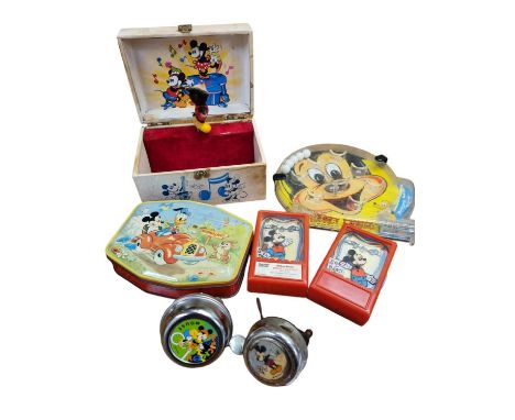 Disney: A Small Collection of Vintage Mickey Mouse items to include Bike Bells, Musical Box, Disney Dancers, Bagatelle & Jigs