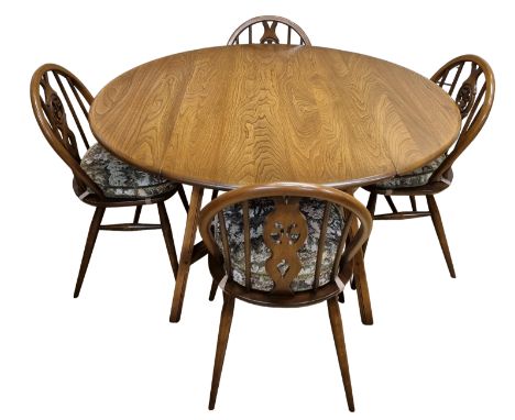 Mid-Century Ercol Elm &amp; Beech Dining Table and 4 Chairs, Each Chair with the Fleur De Lys Design and Upholstered Cushions