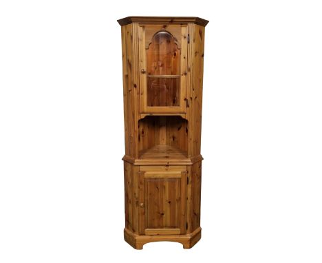 Vintage Ducal Pine Corner Unit with Lit Glazed Display Top and Cupboard to the Base 