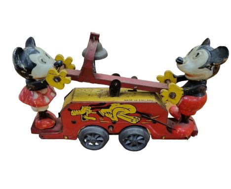 Disney: Rare Wells 'O' London Clockwork Windup Tinplate Mickey &amp; Minnie Handcar with some track