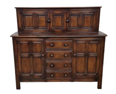 Vintage Ercol Old Colonial Sideboard in Dark Elm, With Upper Cupboard Space Over Drawers and Base Cupboards
