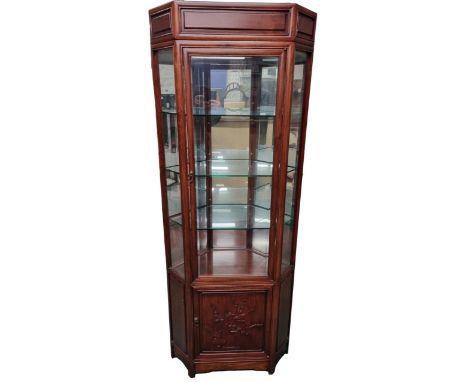 Vintage Chinese Rosewood Arts &amp; Crafts Style Mirror Back, Glazed Corner Display Cabinet, Fret Work and Carved Decoration 