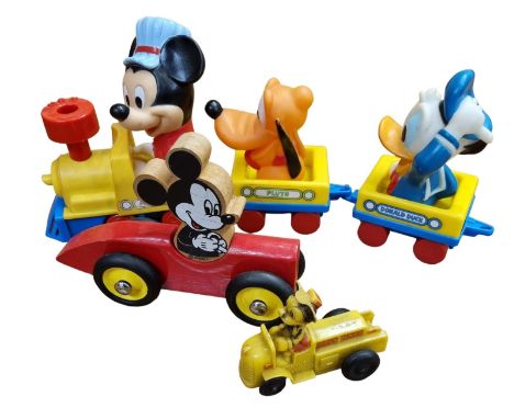 Disney: Vintage Illco Toys Wind-up Mickey Mouse Train + Wooden Car & Vintage Mickey's Service Friction Drive Vehicle 