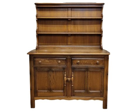 Mid-Century Ercol Old Colonial Elm Welsh Dresser, The Mantle Comprising of 2 Shelves with Display Plate grooves. The base of 