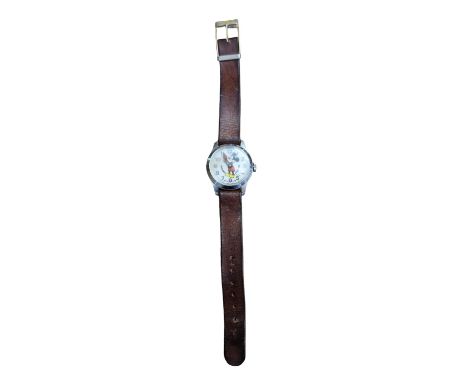 Disney Watch: Vintage 1970's Bradley Mickey Mouse Watch, Manual Wind, Single Jewel, Brown Leather Strap, Winds and Runs