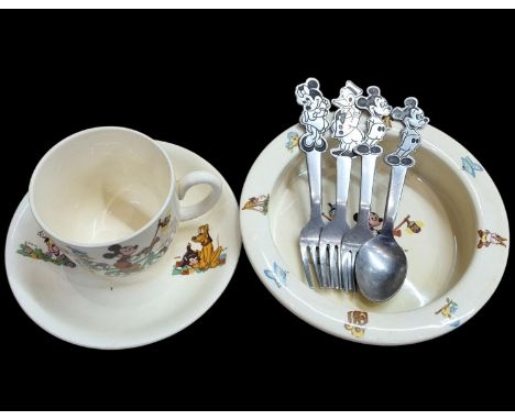 Disney: Beswick Ceramic Cup &amp; Saucer + Bowl each decorated with famous Disney Characters plus 4 Disney Cutlery Items