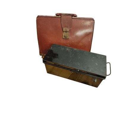 Vintage Black Metal Tin Hand Trunk &amp; Red Leather Attache Case
