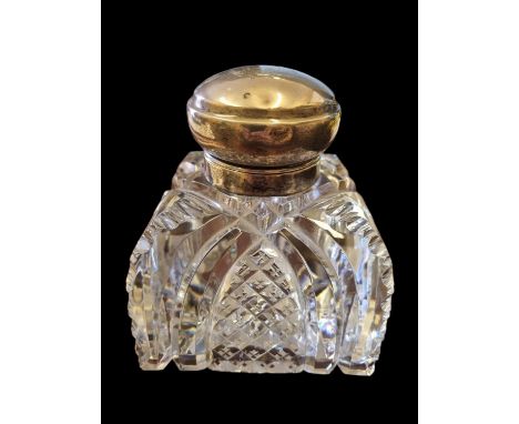 Heavy Crystal Glass, Square Cut Decanter / Large Inkwell with 875 Silver London 1854 Lid &amp; Collar, W12cm x L12cm x H14cm