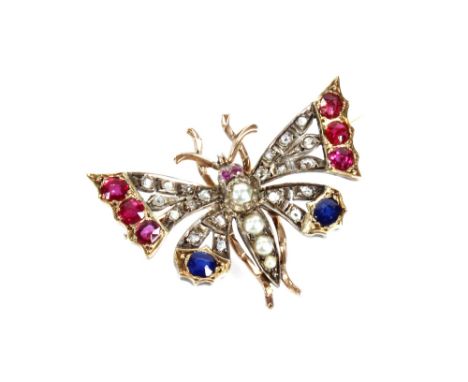 A yellow metal, diamond, sapphire and seed pearl set brooch in the form of a butterfly, 9.5gms, 4cm x 3cm overall