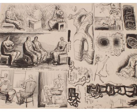 Henry Moore 1898-1986, large black and white lithograph depicting numerous figural studies, 46cm x 61cm