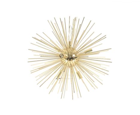 An unusual brass pendant light fitting of modernist spiked design (vendor reports formally from the Big Brother House)