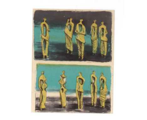 Henry Moore 1898-1986, coloured lithograph "Standing Figures", 27.5cm x 22cm 