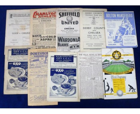 Football programmes, Chelsea aways, 1947/8, 10 programmes, Huddersfield (sl staining), Wolves, Charlton, Sheffield United, De