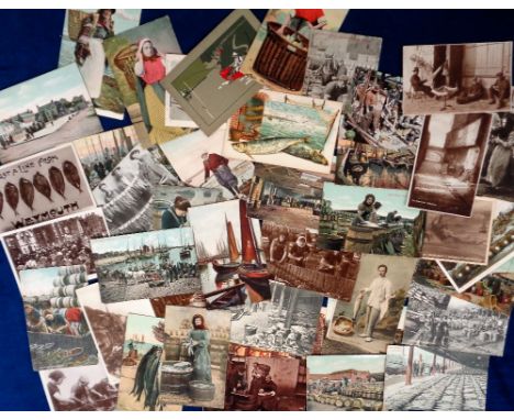 Postcards, a mostly sea fishing selection of approx. 46 cards, inc. RPs of net making, fish market Folkestone, fisher girls S