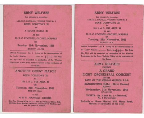 Football programmes, two Army Welfare football programmes for Denis Compton XI v A South Indian XI 18 Nov 1945 &amp; Denis Co