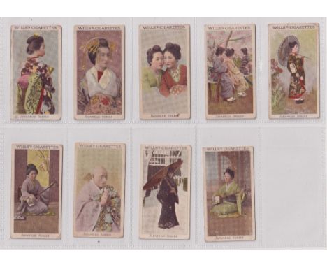 Cigarette cards, Wills, Japanese Series, 9 cards, Wills ref. book item 23, pictures nos 12, 14, 17, 24, 25, 30, 37, 40 &amp; 