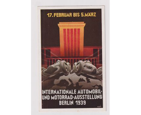 Postcard, Nazi Germany, advert card for International Automobile &amp; Car Exhibition Berlin 1939, with two commemorative can