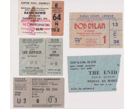 Music Concert Tickets, a collection of 9 1970's/80's music tickets, David Bowie Wembley 1976, Led Zeppelin Brighton 1972, Bob