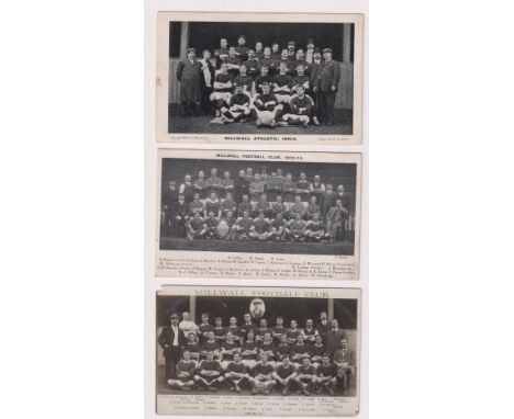 Football postcards, Millwall FC, three vintage postcards showing players &amp; officials for 1905/06 (printed), 1910/11 (phot
