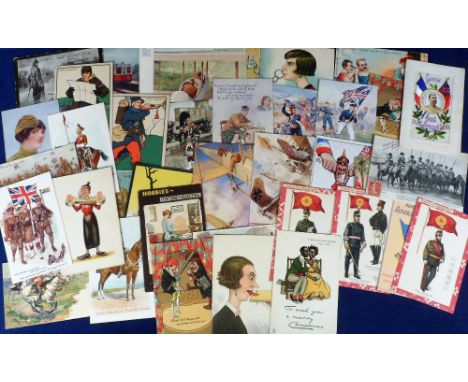 Postcards, mixed selection, inc. Comedy, Bathing, Embossed Punch (2), Patriotic, Military Uniforms, Tchad 1st Anniversary 195
