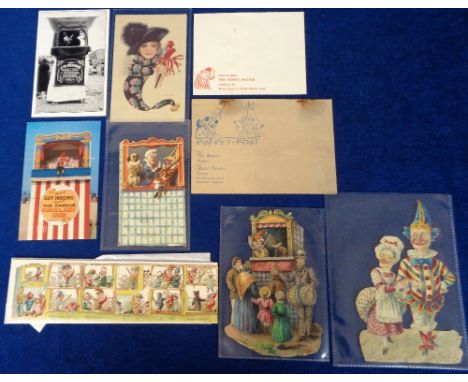Ephemera, Punch and Judy, 9 items to comprise 4 large die-cut scraps, 3 post cards, an envelope from Puppet-Post and an envel