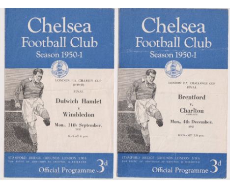 Football programmes, at Stamford Bridge, Chelsea, two 4 page programmes, Dulwich Hamlet v Wimbledon 11 September 1950 London 