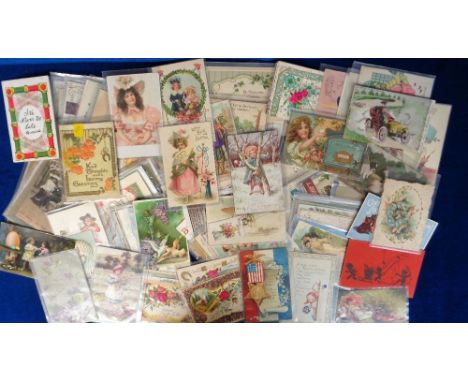Postcards, a good broad range of approx. 150  greetings cards with embossed and many chromos, inc. Birthday, Valentine's, 4th