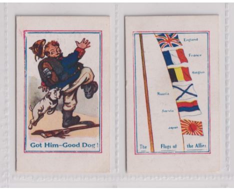 Trade cards, Outhwaites, Army Pictures, Cartoons etc, two cards, 'Got Him - Good Dog' &amp; 'The Flags of the Allies' (gd/vg)