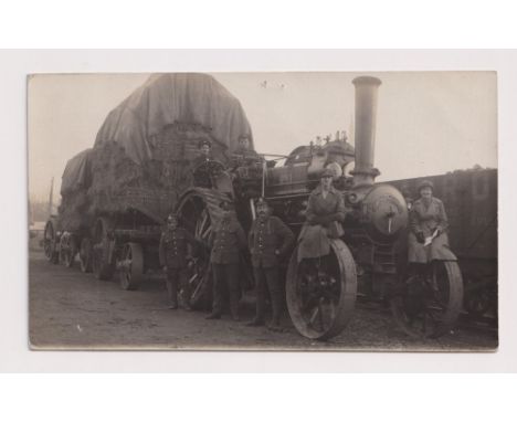 Postcard, Military Traction Engine with two trailers of fodder, information in ink to reverse with ‘WE 3004 Bury St. Eds Sta 