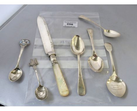 6 ASSORTED SILVER SPOONS W: 3OZT AND A SILVER BANDED MOTHER OF PEARL HANDLED KNIFE