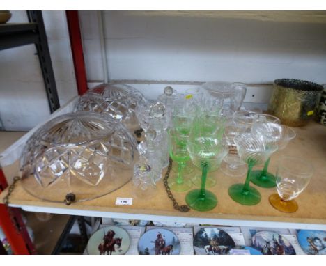 QUANTITY OF ASSORTED GLASSWARE INCLUDING COLOURED GLASSES, LIGHT SHADES AND DECANTERS