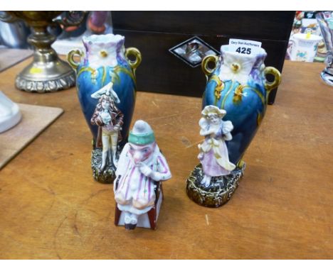 PAIR OF CONTINENTAL FIGURE VASES H: 6" AND A PUNCH TRINKET POT