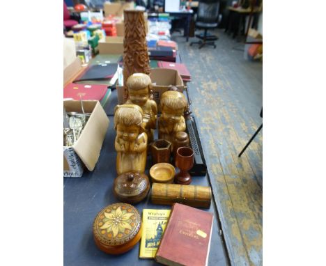 QUANTITY OF ASSORTED WOODWARE INCLUDING FIGURES. VASES, TRINKET POTS, BOXES, LEEDS STREET DIRECTORY AND BAEDEKER'S PARIS AND 