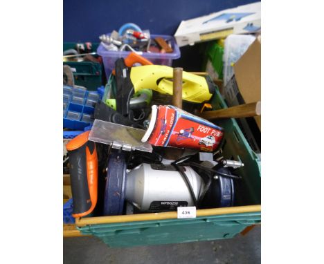BOX OF ASSORTED TOOLS INCLUDING POWER TOOLS, GRINDER, NUTS AND BOLTS, WINDOW VAC, ACCESSORIES ETC