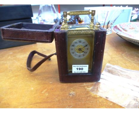 ENAMEL DECORATED CARRIAGE CLOCK (5.75" X 3.25" X 2.5") WITH LEATHER CASE