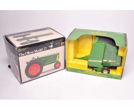 Duo of Ertl 1/16 farm model issues comprising The Oliver Model 77 Tractor plus John Deere 567 Round Baler. Looks to be withou