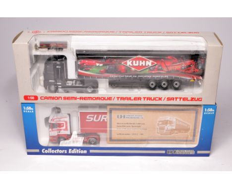 Universal Hobbies duo of 1/50 diecast model trucks comprising Surefreight and Kuhn. Look to be complete and without fault, in