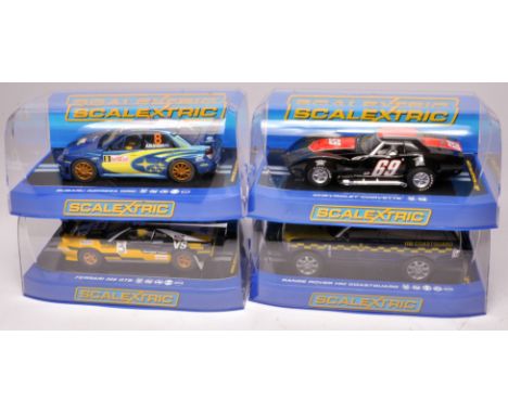 Scalextric slot car issues comprising Chevrolet Corvette, Range Rover HM Coastguard, Subaru Impreza and Ferrari 308 GTB. All 