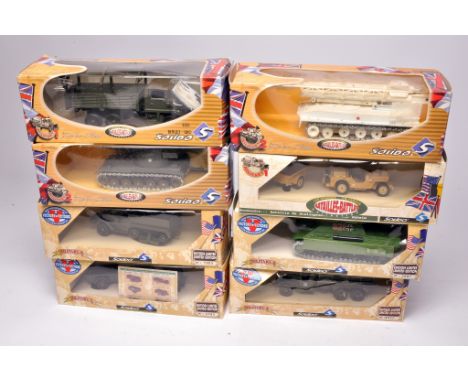 Group of Solido diecast Military Vehicles to include 6139 Berliet GBC, 6105 Jeep, 6106 GMC plus others as shown. All look to 