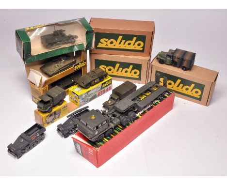 Solido diecast Military group comprising Berliet T12 Tank Transporter, AMX 10 Tank, Renault 4 X 4 Truck plus others as shown.