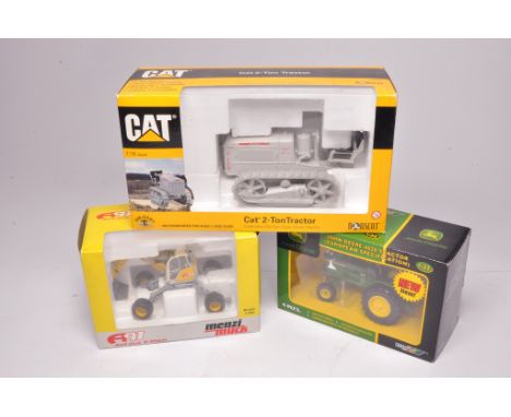 A trio of farm related diecast models including 1/16 CAT 2-Ton Tractor, John Deere issue and ROS Menzi Loader. Excellent in b