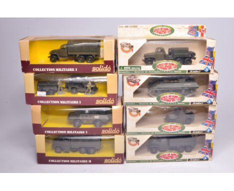 Group of Solido diecast Military Vehicles comprising 6124 GMC Citerne, 6219 M35 Tracteur Chenille, Jeep Reorque 6034 plus oth