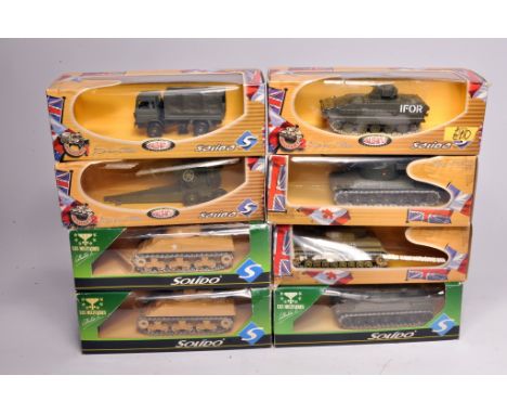 Group of Solido diecast Military Vehicles comprising 6222 AMX 10 VOA, 6147 Renault TRM 2000, 6246 AMX 30 BI-Tube, plus others
