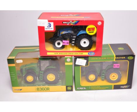 Britains trio 1/32 farm model issues comprising John Deere 8330 and 8360R Tractors (secure in boxes), plus New Holland T8040 