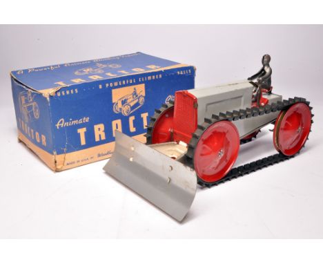 Animate (USA) mechanical pressed metal crawler tractor with front attachment (with driver). Displays generally very good to e