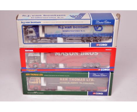 Corgi trio of 1/50 diecast model trucks comprising Thomas, Mason Bros and Van Bentum. Look to be complete and without fault, 