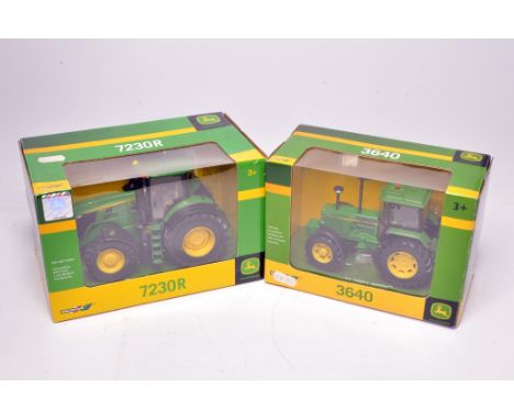 Britains 1/32 farm models comprising John Deere duo 7230R Tractor plus 3640 Tractor - excellent in unopened boxes.