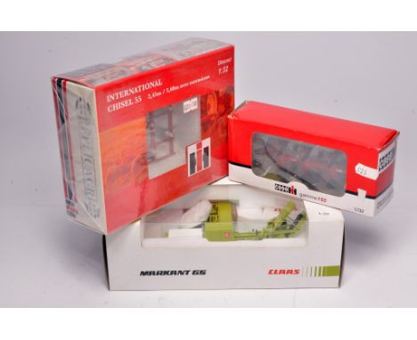 Replicagri Trio of 1/32 diecast farm model implements including Case IH Plough and Chisel Plough plus Claas Markant Baler. Ex