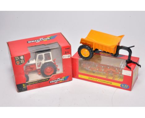 Britains 1/32 Farm Model trio including Autoway dump trailer, cultivator plus David Brown tractor. Models look to be without 